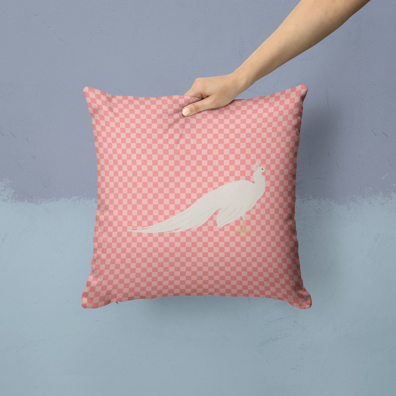 White Peacock Peafowl Pink Check Decorative Throw Pillow 14x14 Indoor Outdoor Accent Cushion, Fabric Cover with Insert for Sofa, Bed, Porch & Living Room
