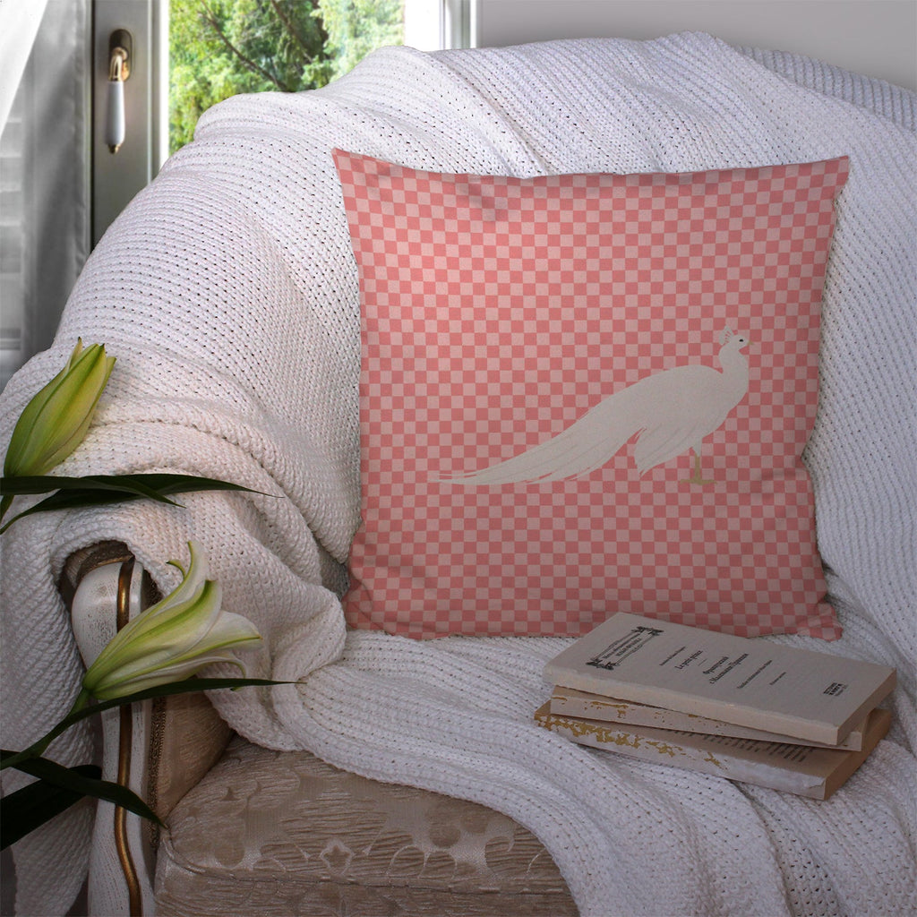 White Peacock Peafowl Pink Check Decorative Throw Pillow 14x14 Indoor Outdoor Accent Cushion, Fabric Cover with Insert for Sofa, Bed, Porch & Living Room
