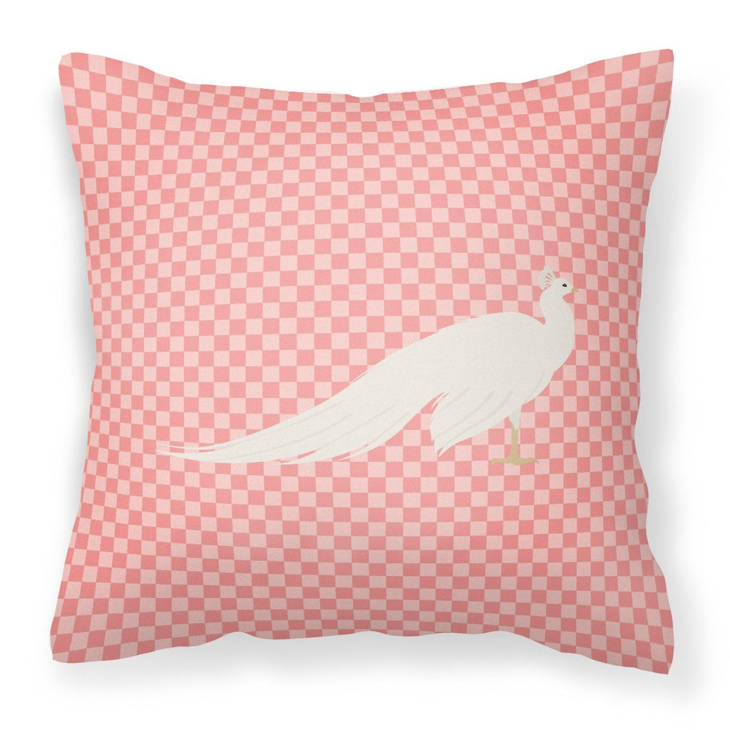White Peacock Peafowl Pink Check Decorative Throw Pillow 18x18 Indoor Outdoor Accent Cushion, Fabric Cover with Insert for Sofa, Bed, Porch & Living Room