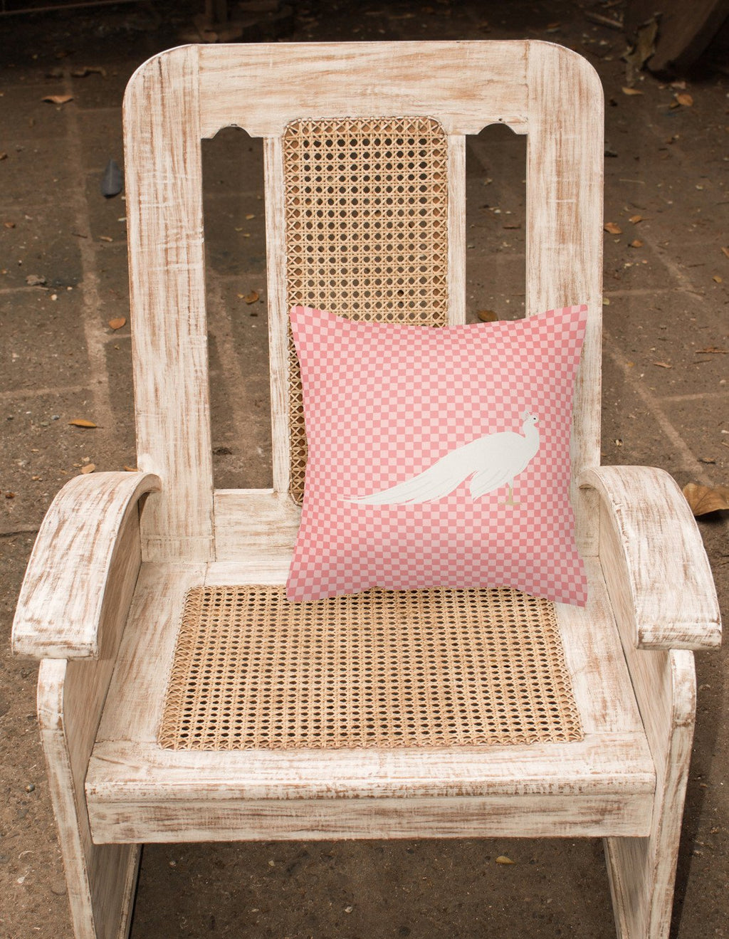 White Peacock Peafowl Pink Check Decorative Throw Pillow 18x18 Indoor Outdoor Accent Cushion, Fabric Cover with Insert for Sofa, Bed, Porch & Living Room