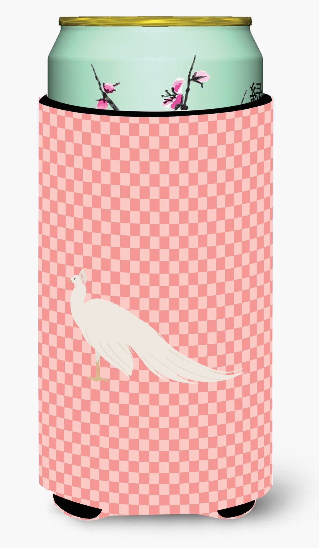 White Peacock Peafowl Pink Check Tall Boy Hugger Can Cooler Sleeve Machine Washable Drink Collapsible Insulator Beverage Insulated Holder