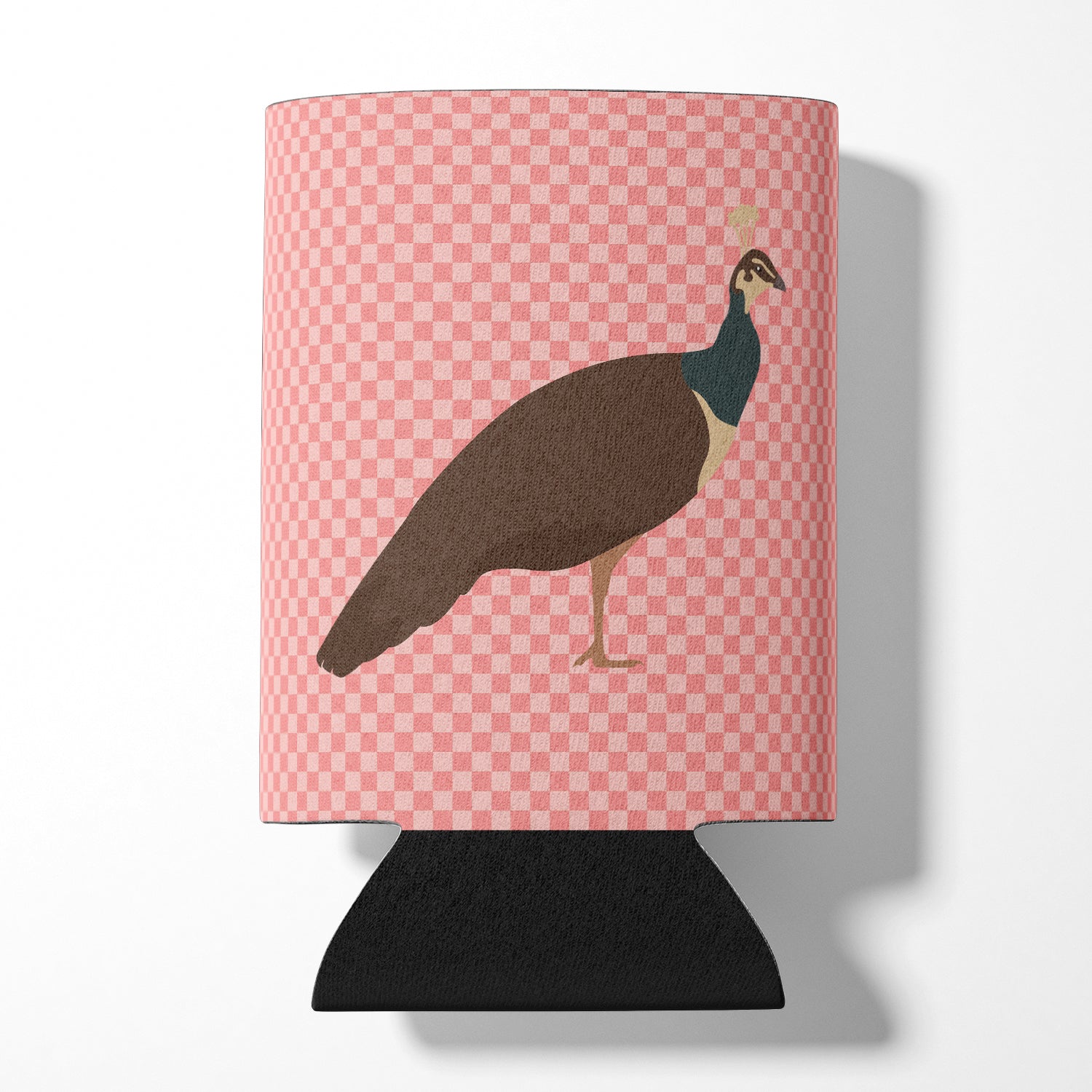 Indian Peahen Peafowl Pink Check Can or Bottle Hugger Cooler Sleeve for Standard 12 oz Cans, Insulated Foam Beer & Soda Can Hugger Reusable