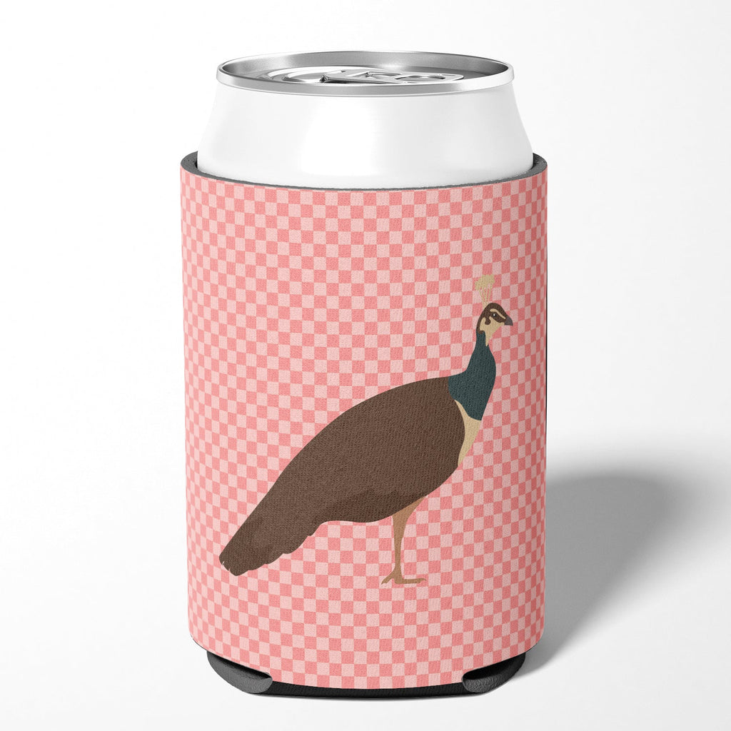 Indian Peahen Peafowl Pink Check Can or Bottle Hugger Cooler Sleeve for Standard 12 oz Cans, Insulated Foam Beer & Soda Can Hugger Reusable