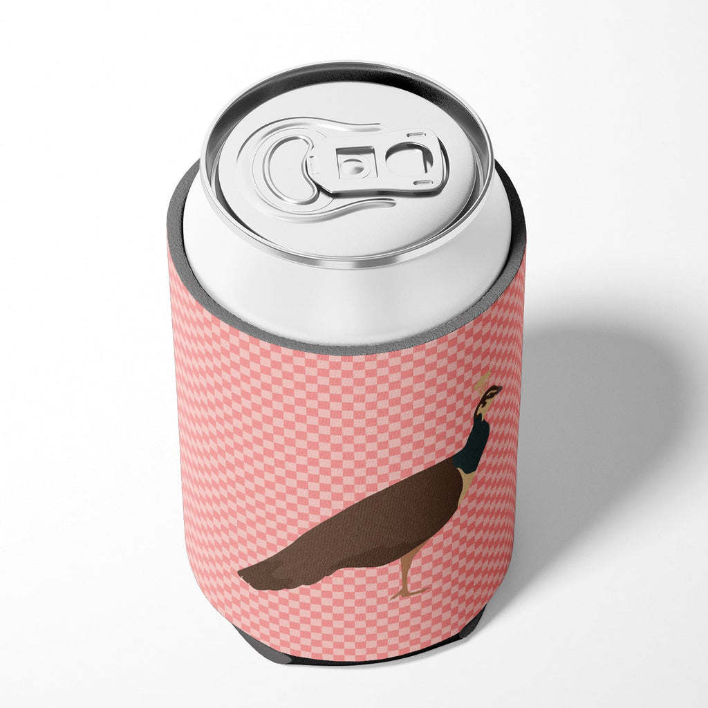 Indian Peahen Peafowl Pink Check Can or Bottle Hugger Cooler Sleeve for Standard 12 oz Cans, Insulated Foam Beer & Soda Can Hugger Reusable