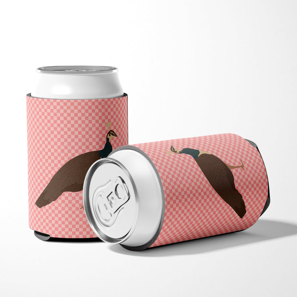 Indian Peahen Peafowl Pink Check Can or Bottle Hugger Cooler Sleeve for Standard 12 oz Cans, Insulated Foam Beer & Soda Can Hugger Reusable