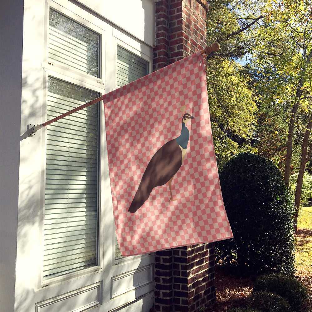 Indian Peahen Peafowl Pink Check House Flag 28x40 Porch Sleeve Pole Decorative Outside Yard Banner Artwork Wall Hanging, Polyester
