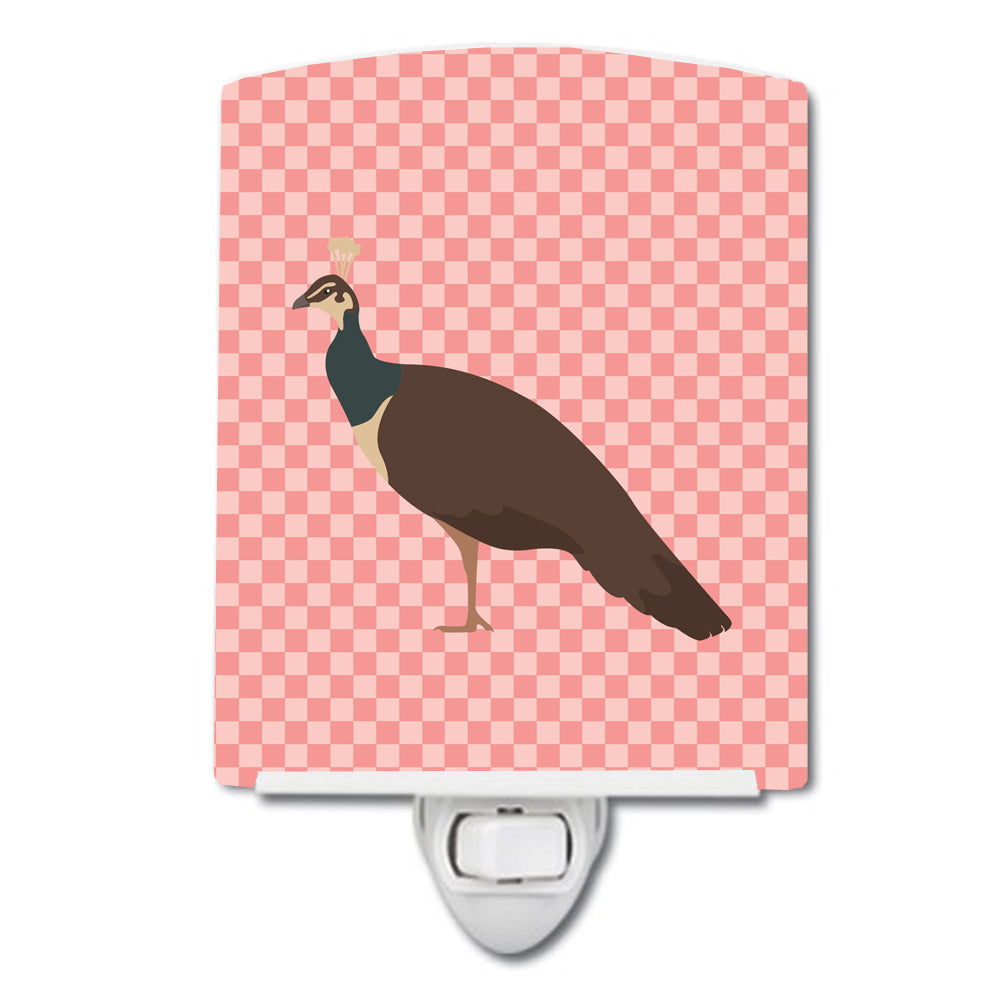 Indian Peahen Peafowl Pink Check Ceramic Night Light Compact, UL-Certified, Ideal for Bedroom, Bathroom, Nursery, Hallway, Kitchen, 6x4x3, Multicolor