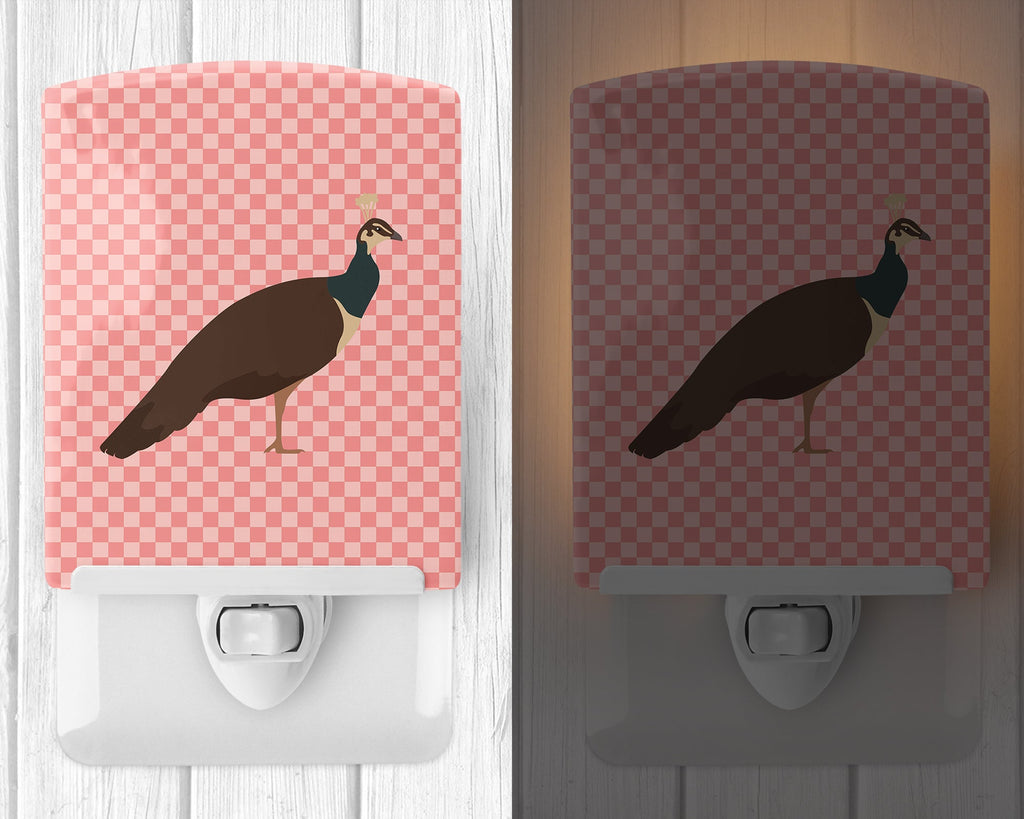 Indian Peahen Peafowl Pink Check Ceramic Night Light Compact, UL-Certified, Ideal for Bedroom, Bathroom, Nursery, Hallway, Kitchen, 6x4x3, Multicolor