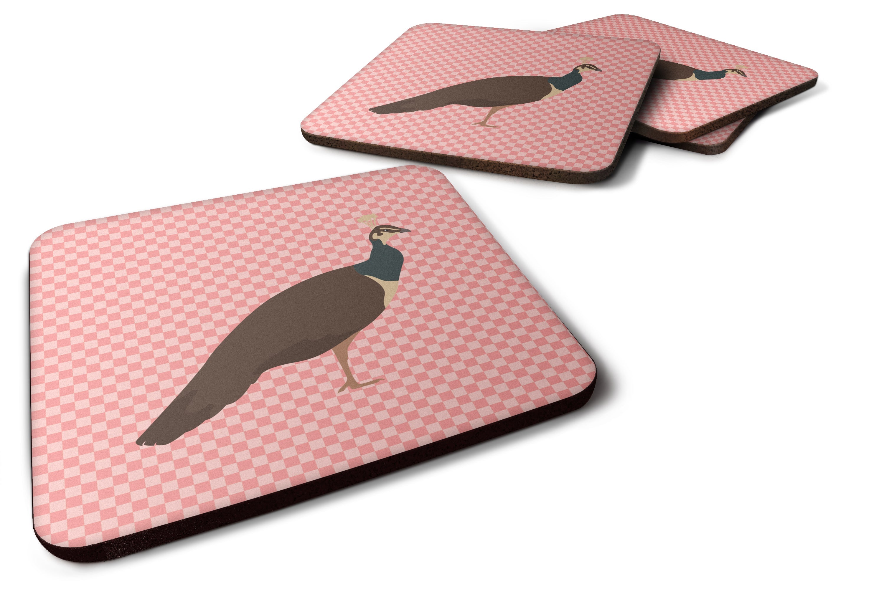 Indian Peahen Peafowl Pink Check Foam Coasters Set of 4 Cup Coasters for Indoor Outdoor, Tabletop Protection, Anti Slip, Mouse pad Material