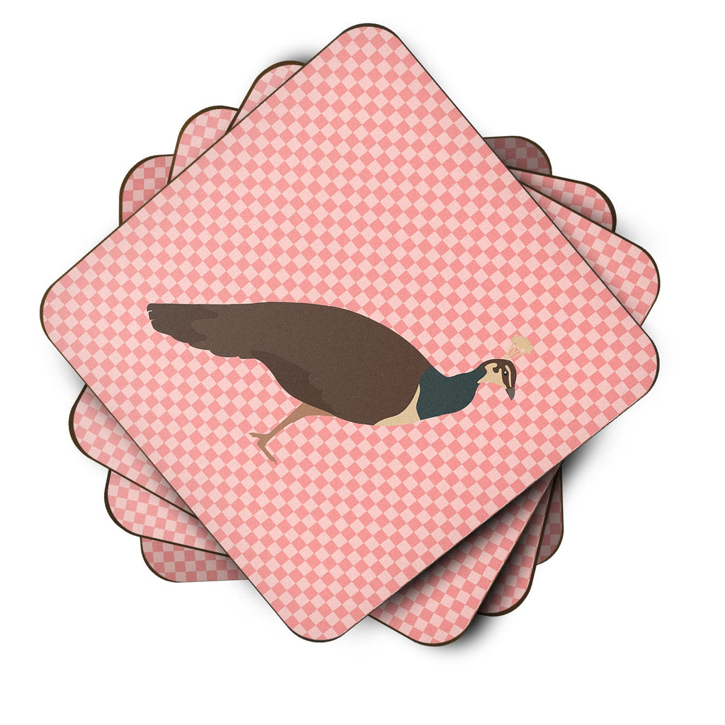 Indian Peahen Peafowl Pink Check Foam Coasters Set of 4 Cup Coasters for Indoor Outdoor, Tabletop Protection, Anti Slip, Mouse pad Material