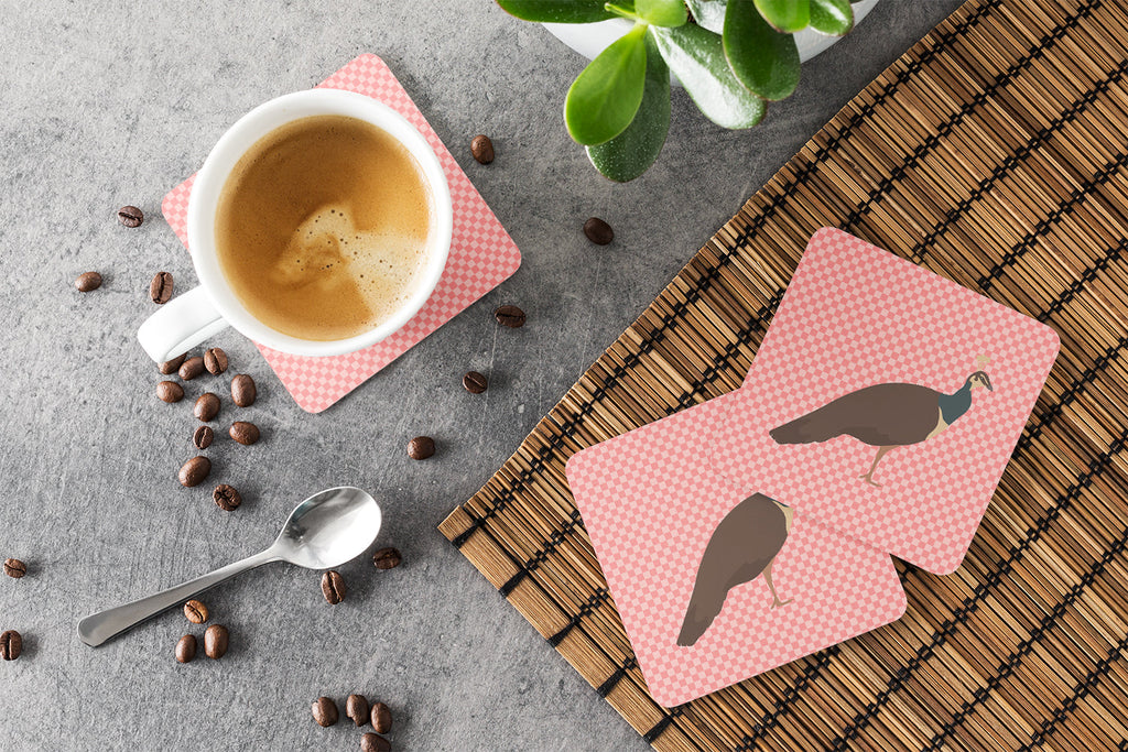 Indian Peahen Peafowl Pink Check Foam Coasters Set of 4 Cup Coasters for Indoor Outdoor, Tabletop Protection, Anti Slip, Mouse pad Material