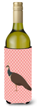 Indian Peahen Peafowl Pink Check Wine Bottle Hugger Gift Sleeve for Standard 750 ml Bottles, Insulated Reusable Also Fits Mini Shot & Pint Bottles