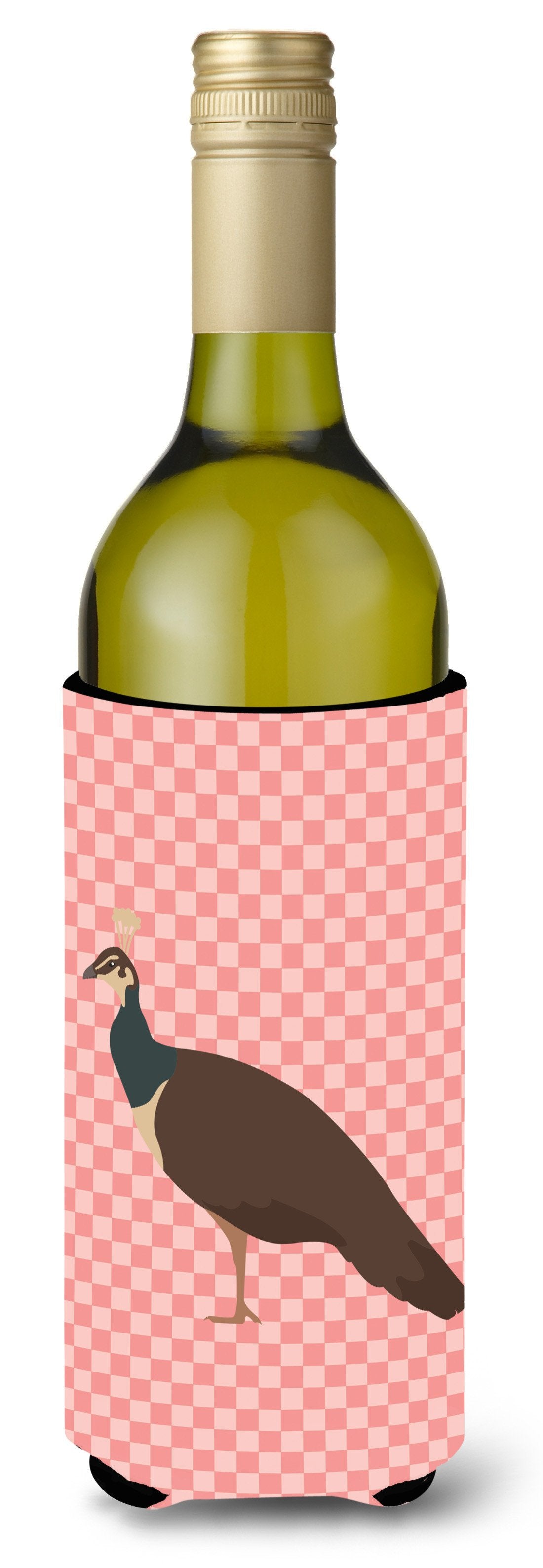 Indian Peahen Peafowl Pink Check Wine Bottle Hugger Gift Sleeve for Standard 750 ml Bottles, Insulated Reusable Also Fits Mini Shot & Pint Bottles