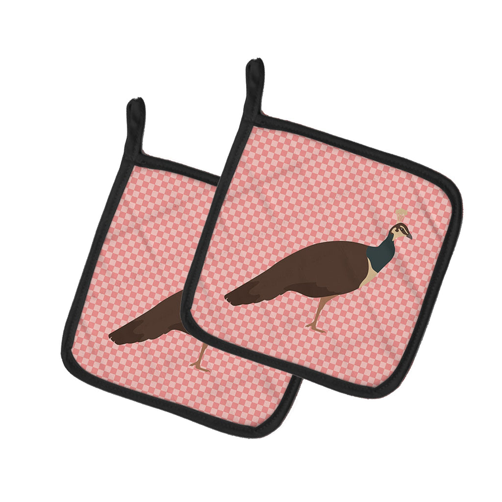 Indian Peahen Peafowl Pink Check Pot Holder Set of 2 Heat Resistant Quilted Hot Pads 7.5 x 7.5 Inch, Insulated Kitchen Trivets for Cooking & Baking
