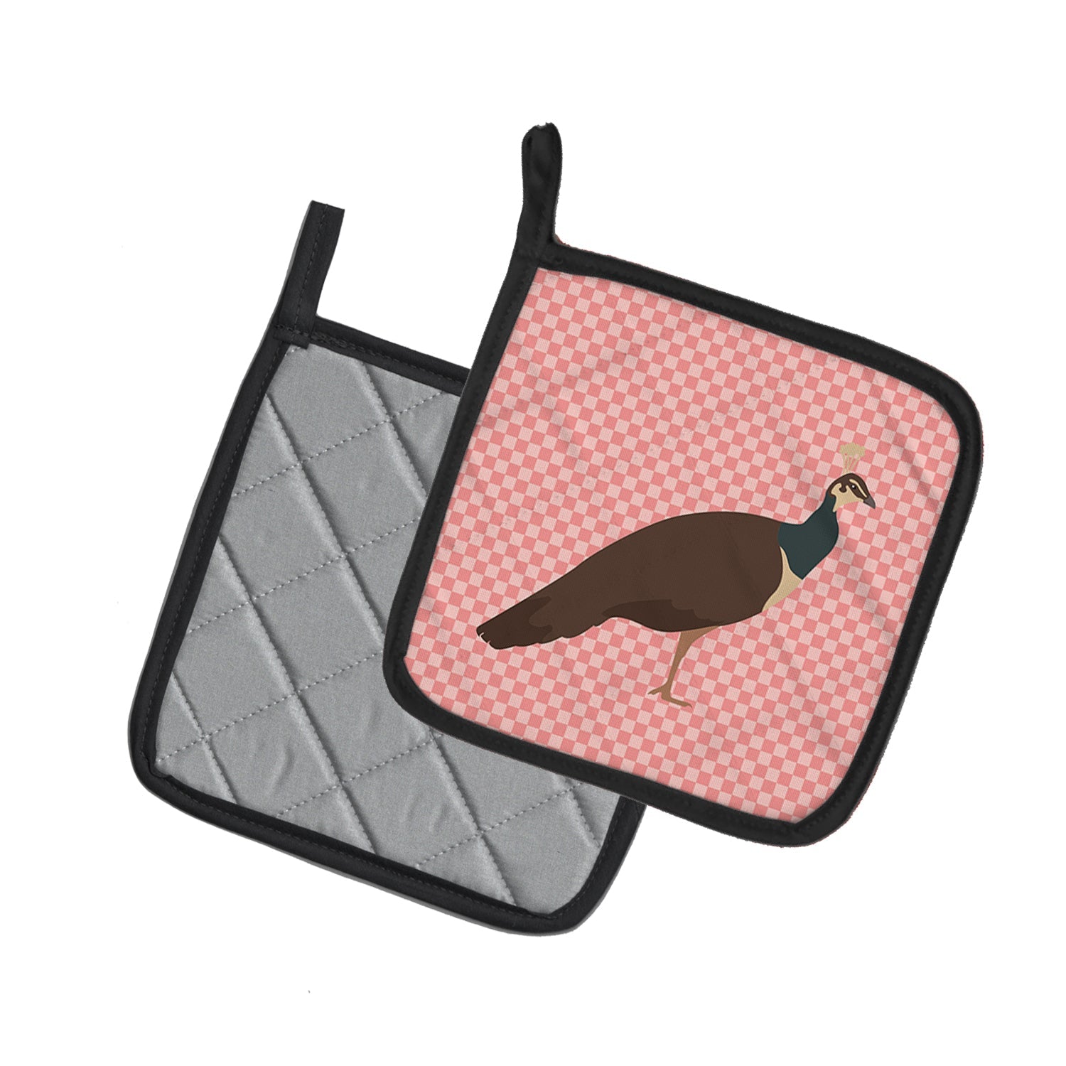 Indian Peahen Peafowl Pink Check Pot Holder Set of 2 Heat Resistant Quilted Hot Pads 7.5 x 7.5 Inch, Insulated Kitchen Trivets for Cooking & Baking