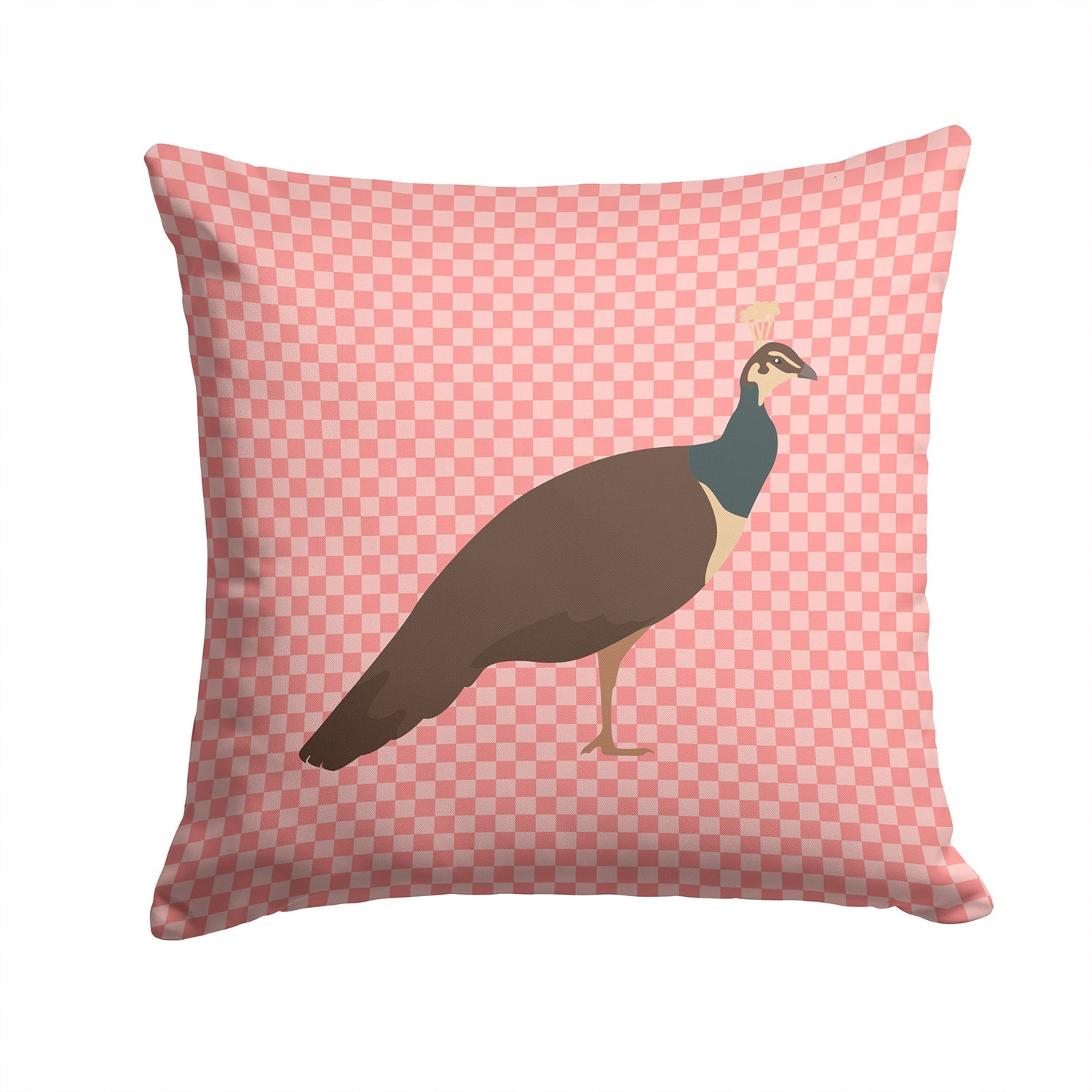 Indian Peahen Peafowl Pink Check Decorative Throw Pillow 14x14 Indoor Outdoor Accent Cushion, Fabric Cover with Insert for Sofa, Bed, Porch & Living Room