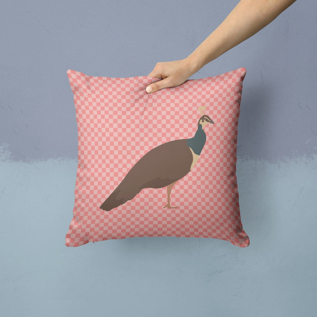 Indian Peahen Peafowl Pink Check Decorative Throw Pillow 14x14 Indoor Outdoor Accent Cushion, Fabric Cover with Insert for Sofa, Bed, Porch & Living Room