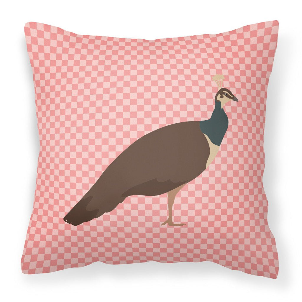Indian Peahen Peafowl Pink Check Decorative Throw Pillow 18x18 Indoor Outdoor Accent Cushion, Fabric Cover with Insert for Sofa, Bed, Porch & Living Room