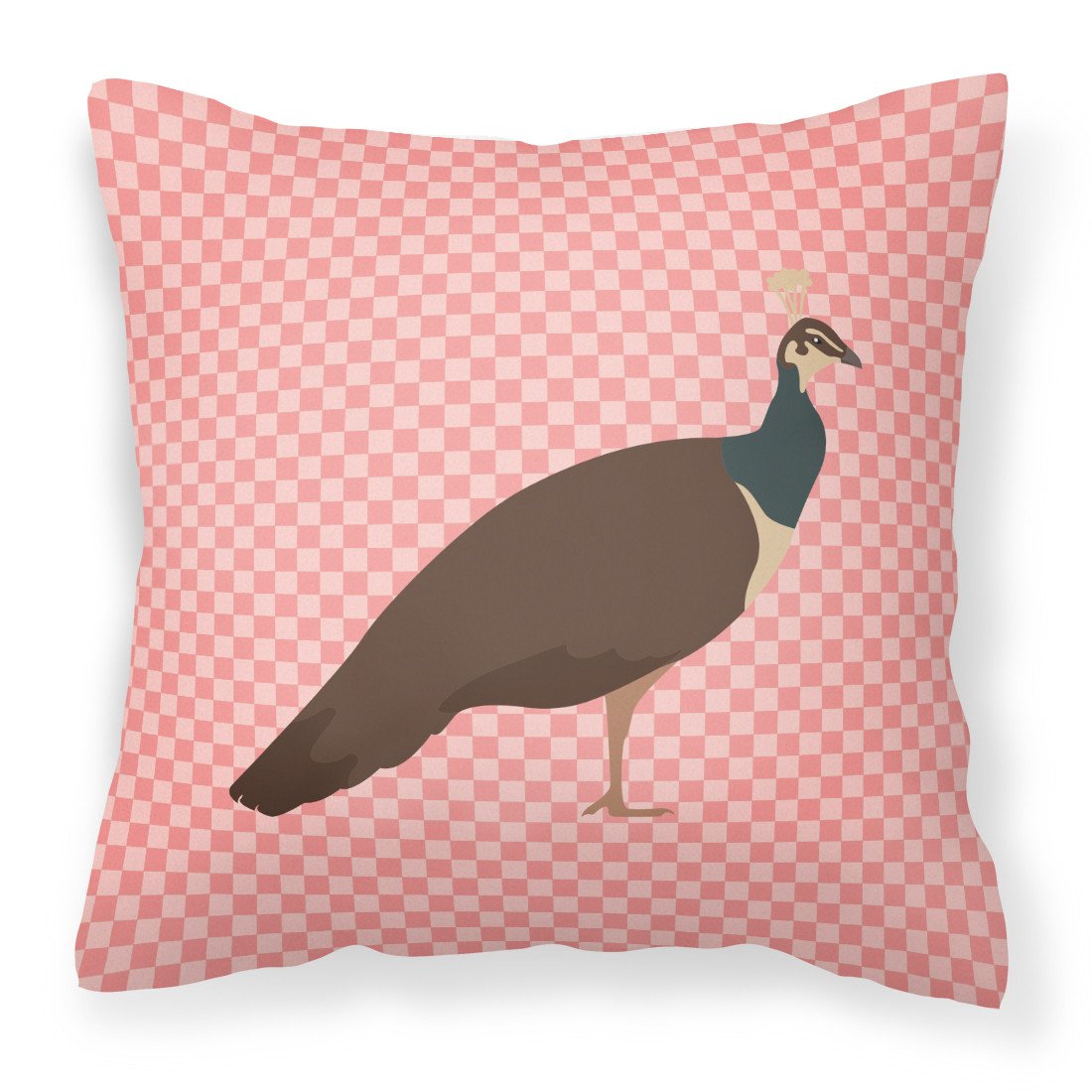 Indian Peahen Peafowl Pink Check Decorative Throw Pillow 18x18 Indoor Outdoor Accent Cushion, Fabric Cover with Insert for Sofa, Bed, Porch & Living Room
