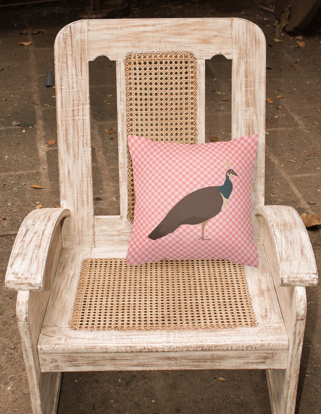 Indian Peahen Peafowl Pink Check Decorative Throw Pillow 18x18 Indoor Outdoor Accent Cushion, Fabric Cover with Insert for Sofa, Bed, Porch & Living Room