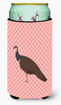 Indian Peahen Peafowl Pink Check Tall Boy Hugger Can Cooler Sleeve Machine Washable Drink Collapsible Insulator Beverage Insulated Holder