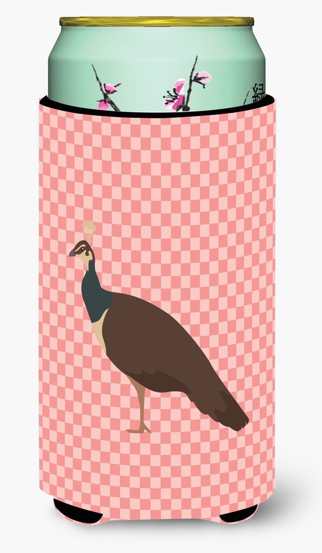 Indian Peahen Peafowl Pink Check Tall Boy Hugger Can Cooler Sleeve Machine Washable Drink Collapsible Insulator Beverage Insulated Holder