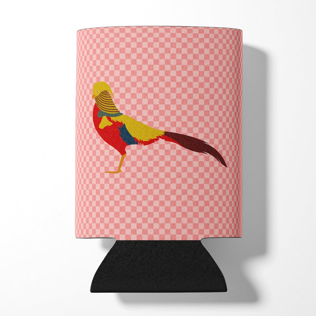 Golden or Chinese Pheasant Pink Check Can or Bottle Hugger Cooler Sleeve for Standard 12 oz Cans, Insulated Foam Beer & Soda Can Hugger Reusable