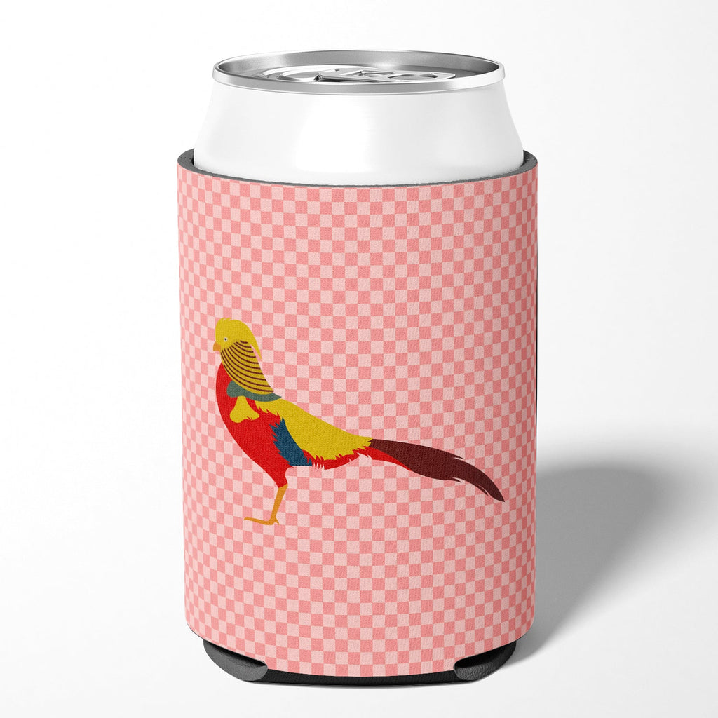 Golden or Chinese Pheasant Pink Check Can or Bottle Hugger Cooler Sleeve for Standard 12 oz Cans, Insulated Foam Beer & Soda Can Hugger Reusable