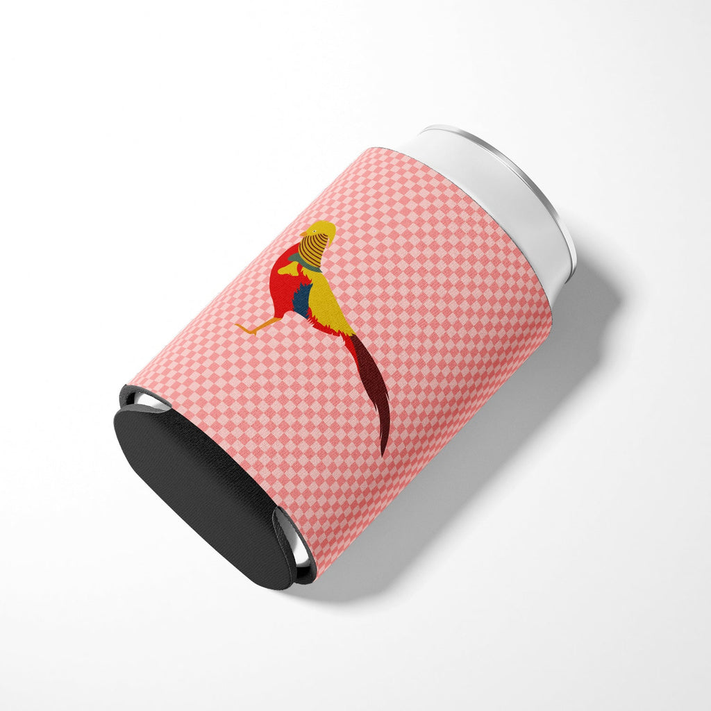Golden or Chinese Pheasant Pink Check Can or Bottle Hugger Cooler Sleeve for Standard 12 oz Cans, Insulated Foam Beer & Soda Can Hugger Reusable