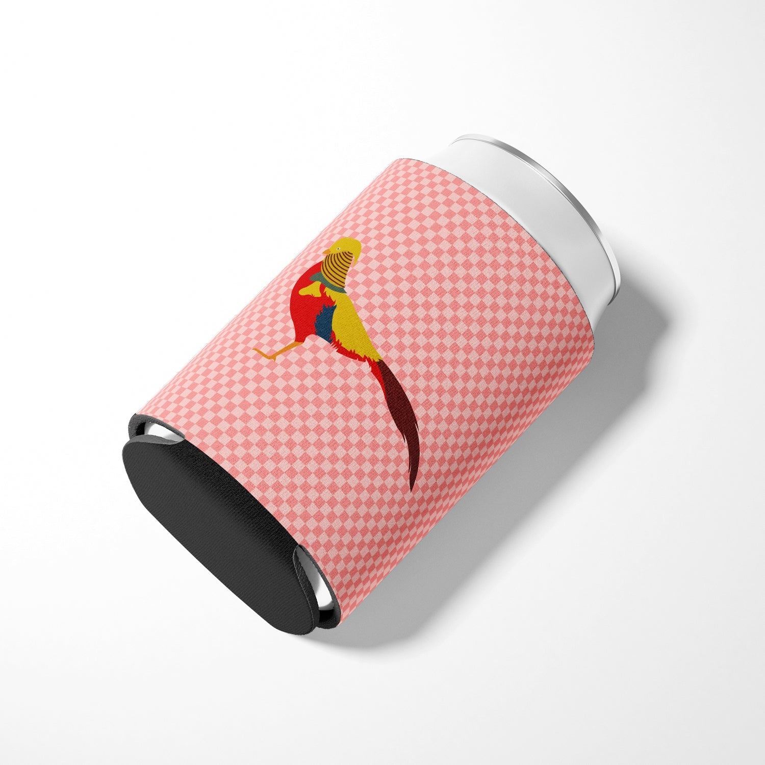 Golden or Chinese Pheasant Pink Check Can or Bottle Hugger Cooler Sleeve for Standard 12 oz Cans, Insulated Foam Beer & Soda Can Hugger Reusable