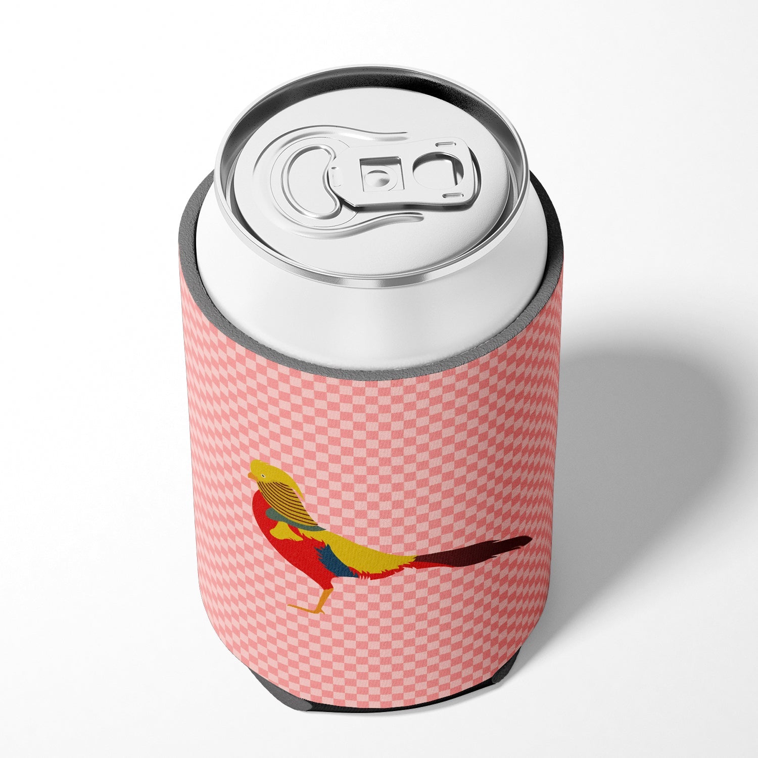 Golden or Chinese Pheasant Pink Check Can or Bottle Hugger Cooler Sleeve for Standard 12 oz Cans, Insulated Foam Beer & Soda Can Hugger Reusable