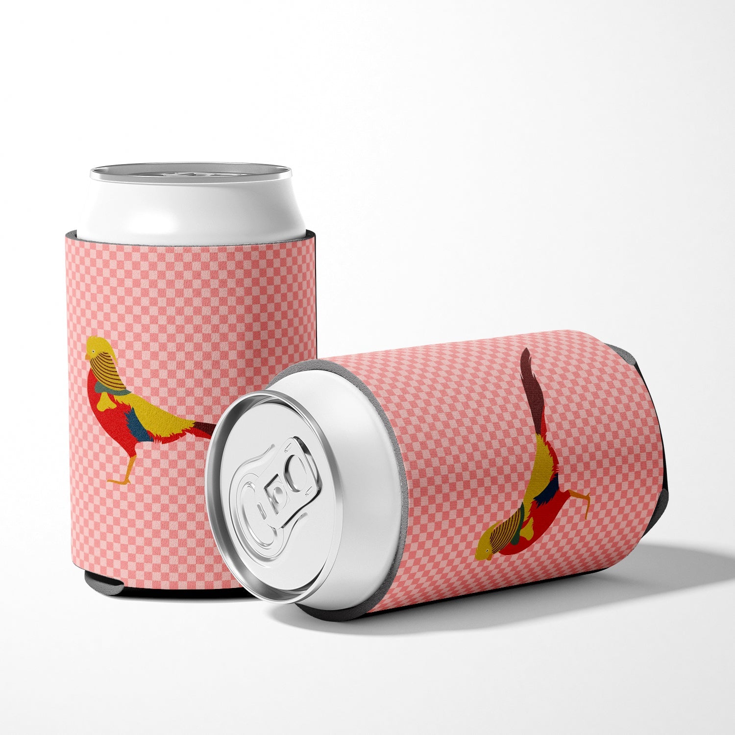Golden or Chinese Pheasant Pink Check Can or Bottle Hugger Cooler Sleeve for Standard 12 oz Cans, Insulated Foam Beer & Soda Can Hugger Reusable