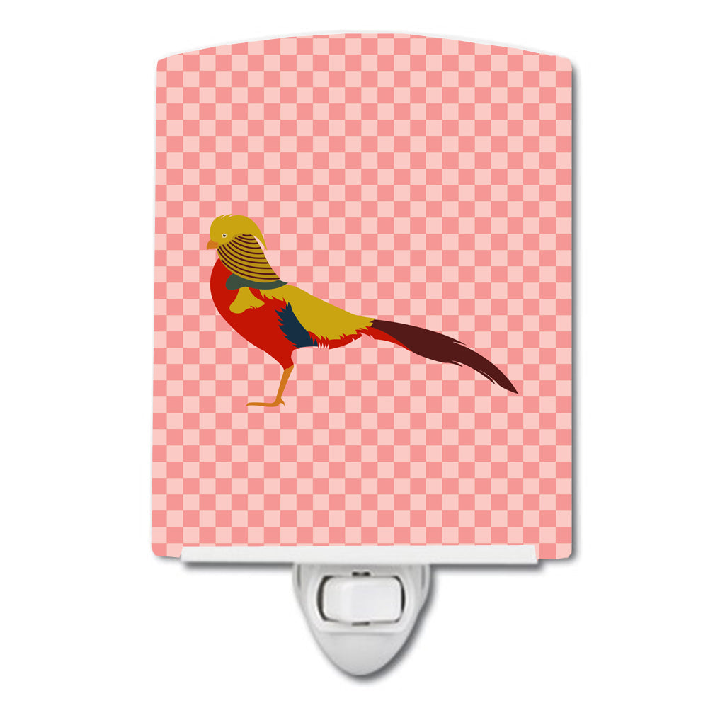Golden or Chinese Pheasant Pink Check Ceramic Night Light Compact, UL-Certified, Ideal for Bedroom, Bathroom, Nursery, Hallway, Kitchen, 6x4x3, Multicolor