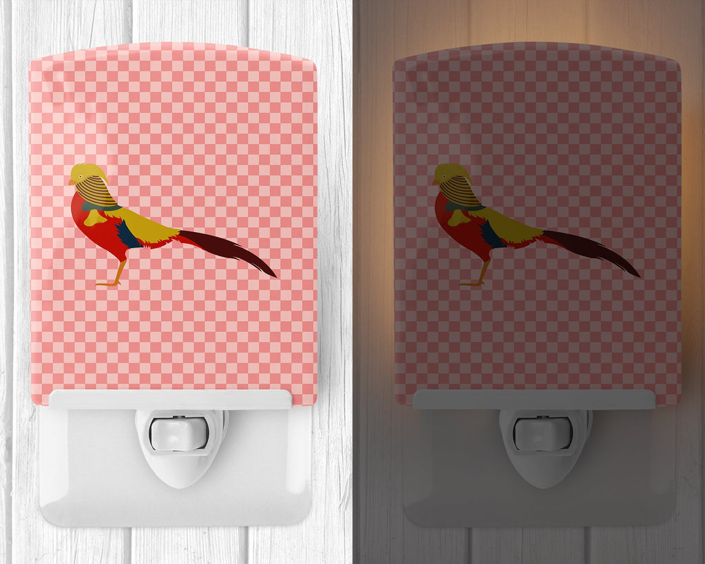 Golden or Chinese Pheasant Pink Check Ceramic Night Light Compact, UL-Certified, Ideal for Bedroom, Bathroom, Nursery, Hallway, Kitchen, 6x4x3, Multicolor