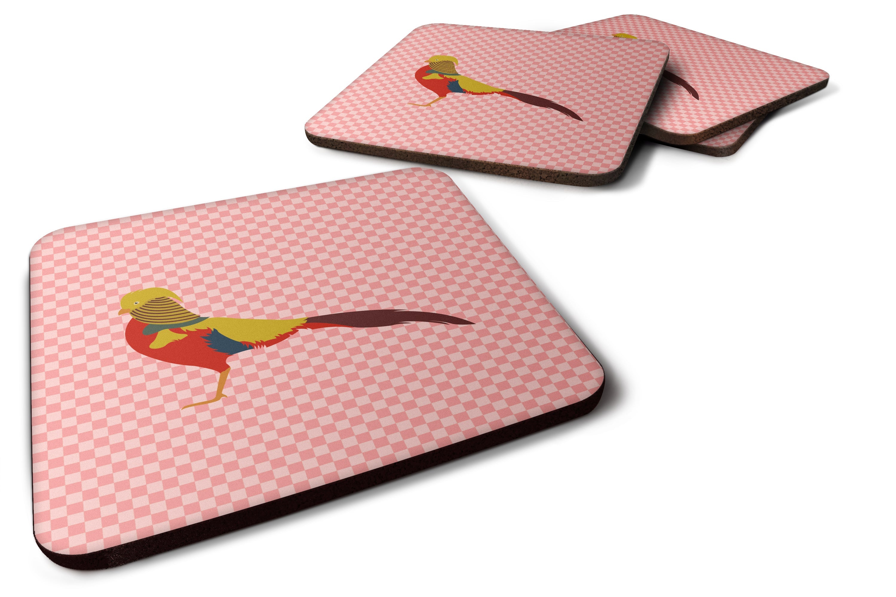 Golden or Chinese Pheasant Pink Check Foam Coasters Set of 4 Cup Coasters for Indoor Outdoor, Tabletop Protection, Anti Slip, Mouse pad Material