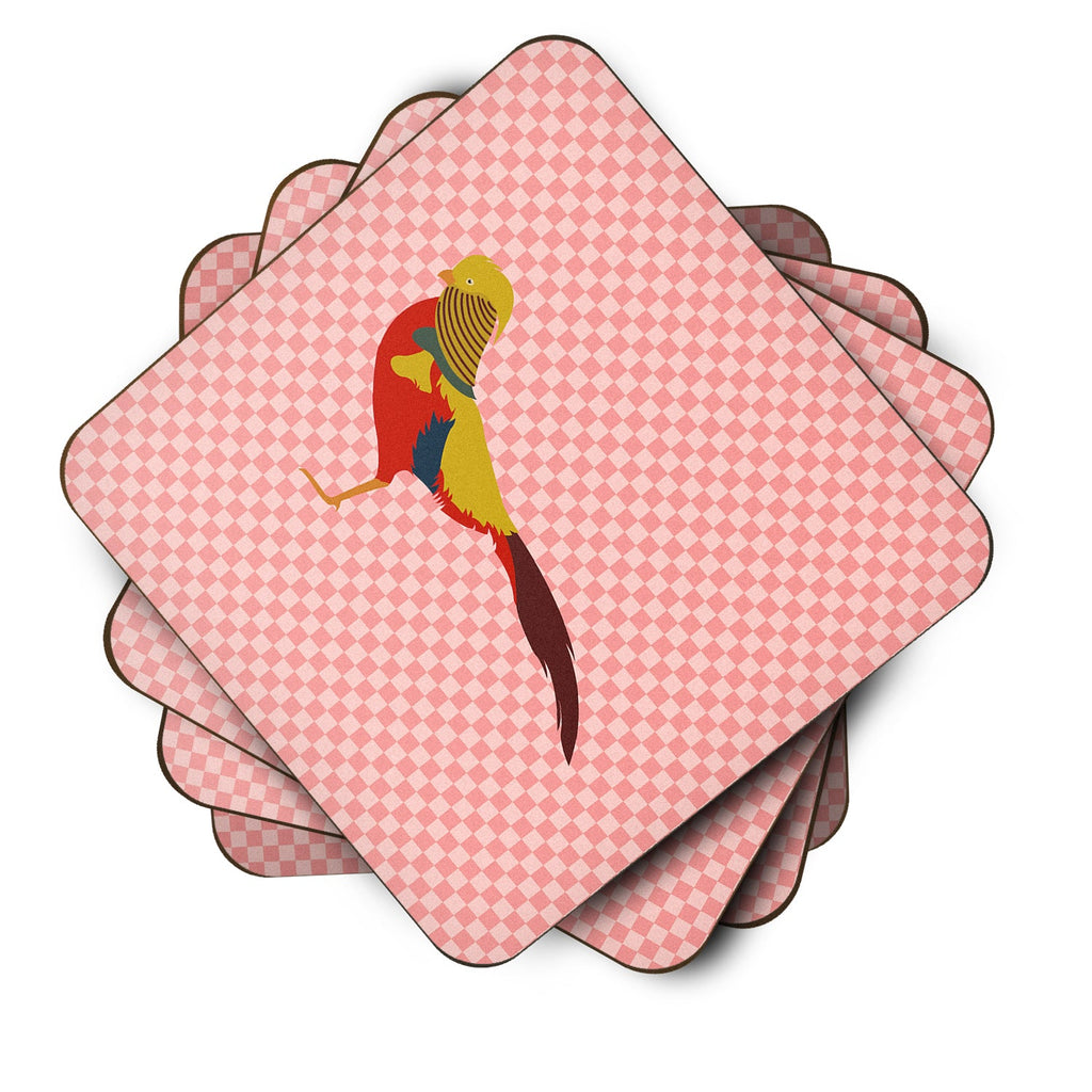 Golden or Chinese Pheasant Pink Check Foam Coasters Set of 4 Cup Coasters for Indoor Outdoor, Tabletop Protection, Anti Slip, Mouse pad Material
