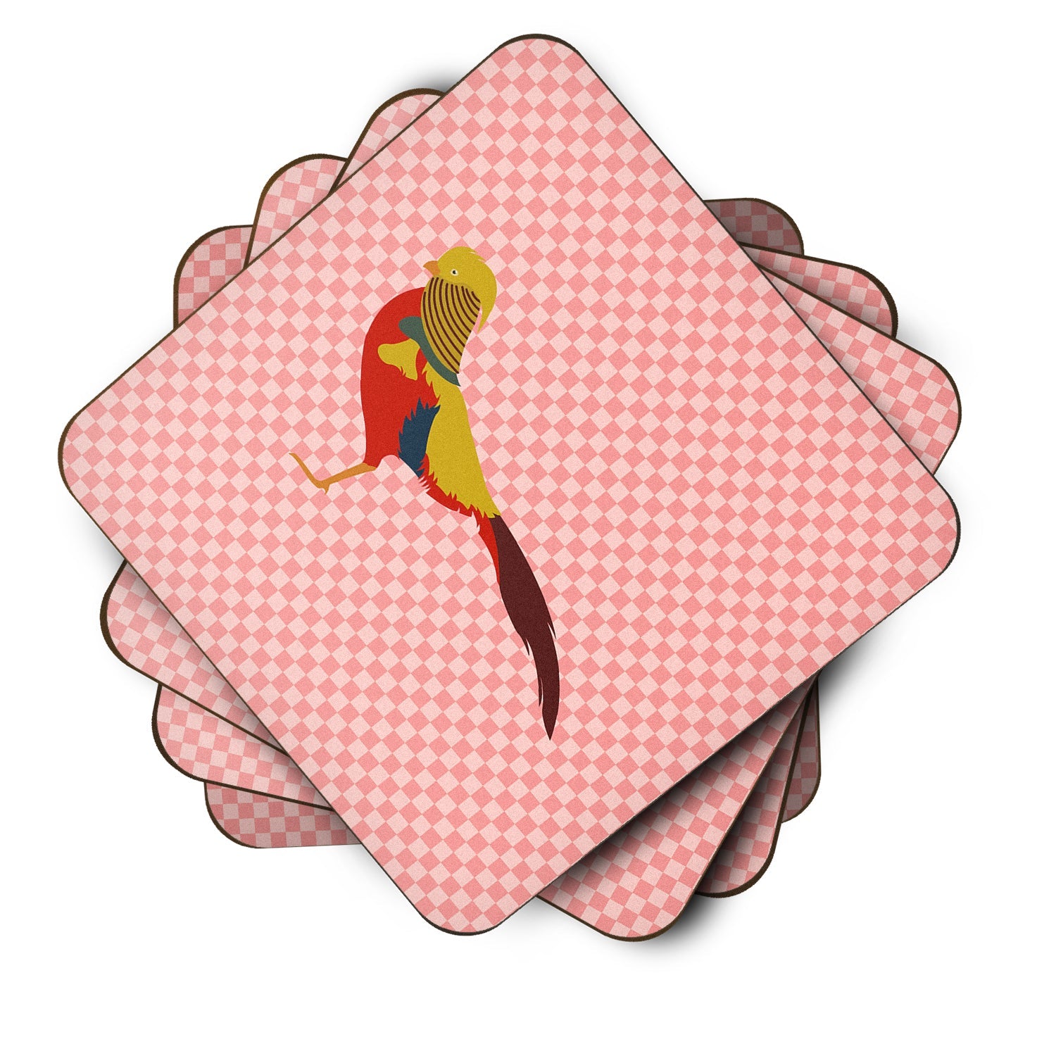 Golden or Chinese Pheasant Pink Check Foam Coasters Set of 4 Cup Coasters for Indoor Outdoor, Tabletop Protection, Anti Slip, Mouse pad Material