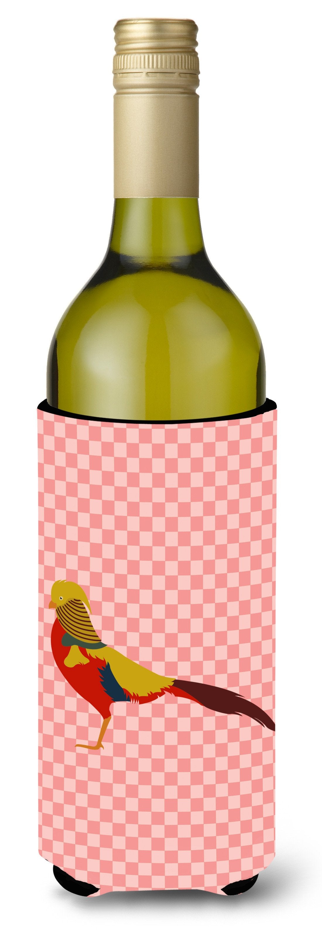 Golden or Chinese Pheasant Pink Check Wine Bottle Hugger Gift Sleeve for Standard 750 ml Bottles, Insulated Reusable Also Fits Mini Shot & Pint Bottles