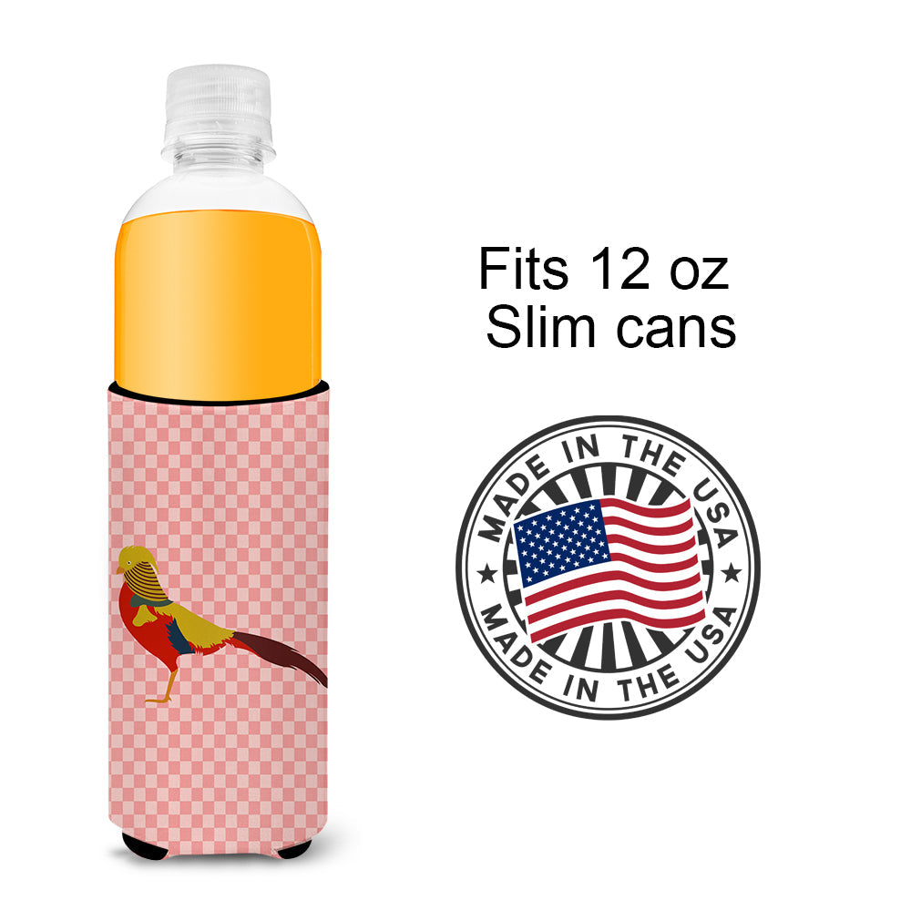Golden or Chinese Pheasant Pink Check Slim Can Hugger , Insulated Foam Hugger for 12 oz Slim Cans, Beer Bottles & Water Bottles, Printed in USA