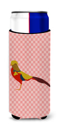 Golden or Chinese Pheasant Pink Check Slim Can Hugger , Insulated Foam Hugger for 12 oz Slim Cans, Beer Bottles & Water Bottles, Printed in USA