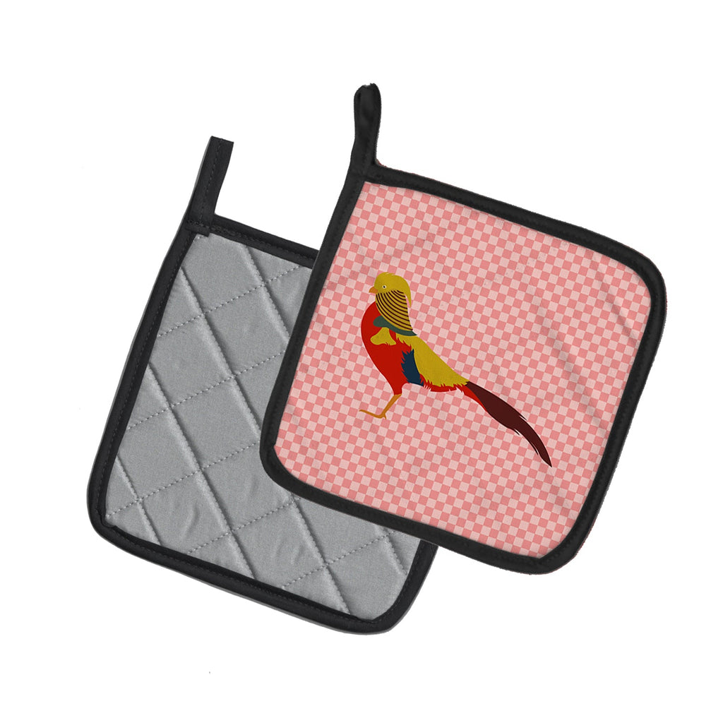 Golden or Chinese Pheasant Pink Check Pot Holder Set of 2 Heat Resistant Quilted Hot Pads 7.5 x 7.5 Inch, Insulated Kitchen Trivets for Cooking & Baking