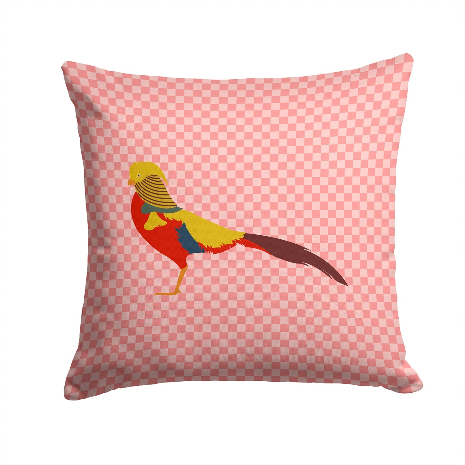 Golden or Chinese Pheasant Pink Check Decorative Throw Pillow 14x14 Indoor Outdoor Accent Cushion, Fabric Cover with Insert for Sofa, Bed, Porch & Living Room