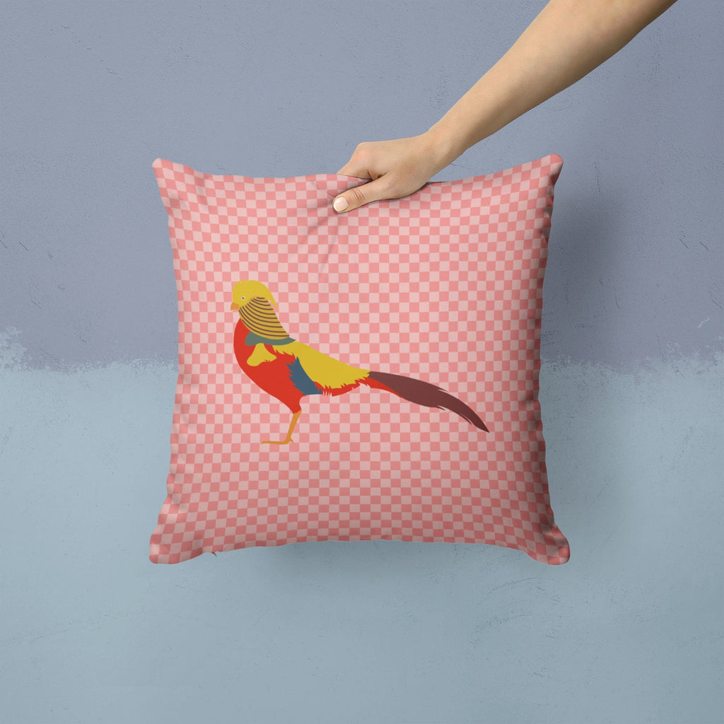 Golden or Chinese Pheasant Pink Check Decorative Throw Pillow 14x14 Indoor Outdoor Accent Cushion, Fabric Cover with Insert for Sofa, Bed, Porch & Living Room