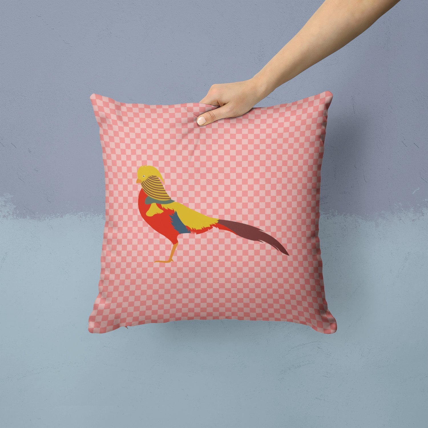 Golden or Chinese Pheasant Pink Check Decorative Throw Pillow 14x14 Indoor Outdoor Accent Cushion, Fabric Cover with Insert for Sofa, Bed, Porch & Living Room