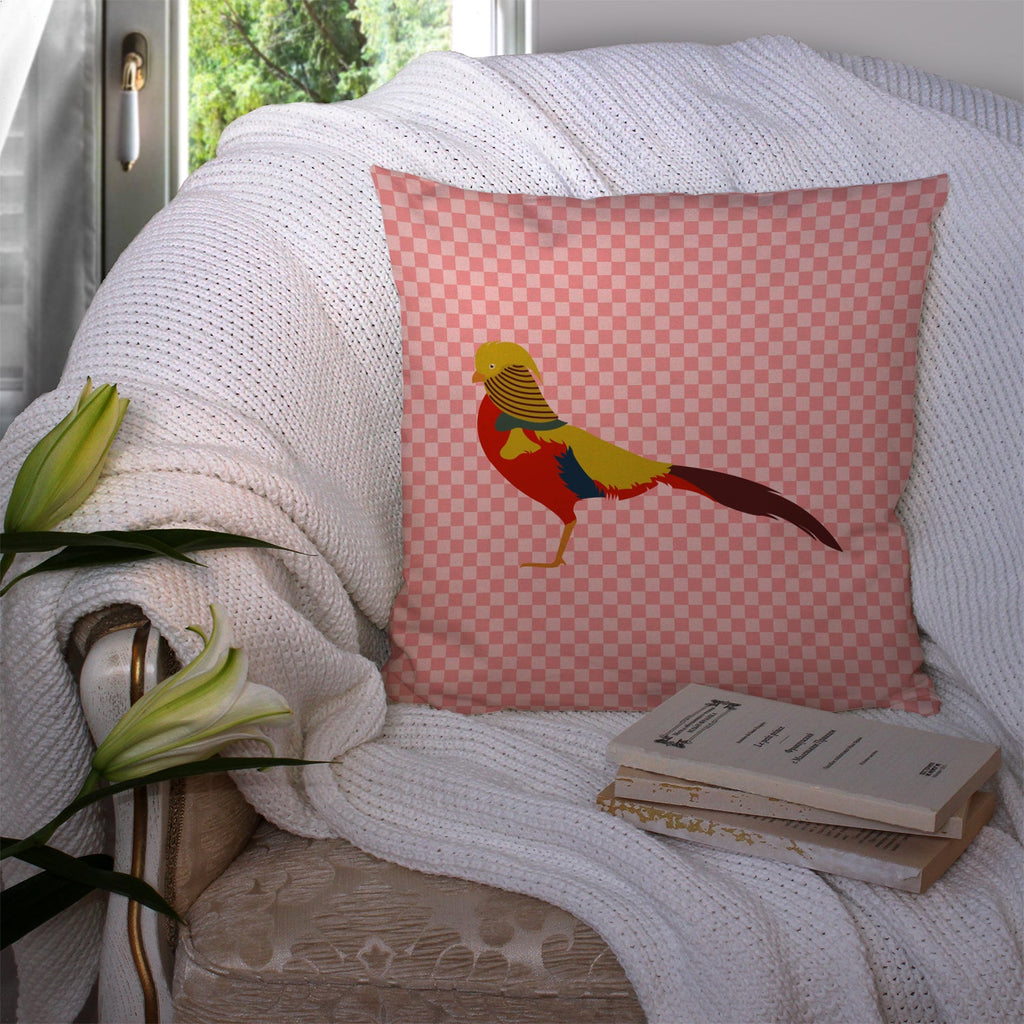 Golden or Chinese Pheasant Pink Check Decorative Throw Pillow 14x14 Indoor Outdoor Accent Cushion, Fabric Cover with Insert for Sofa, Bed, Porch & Living Room