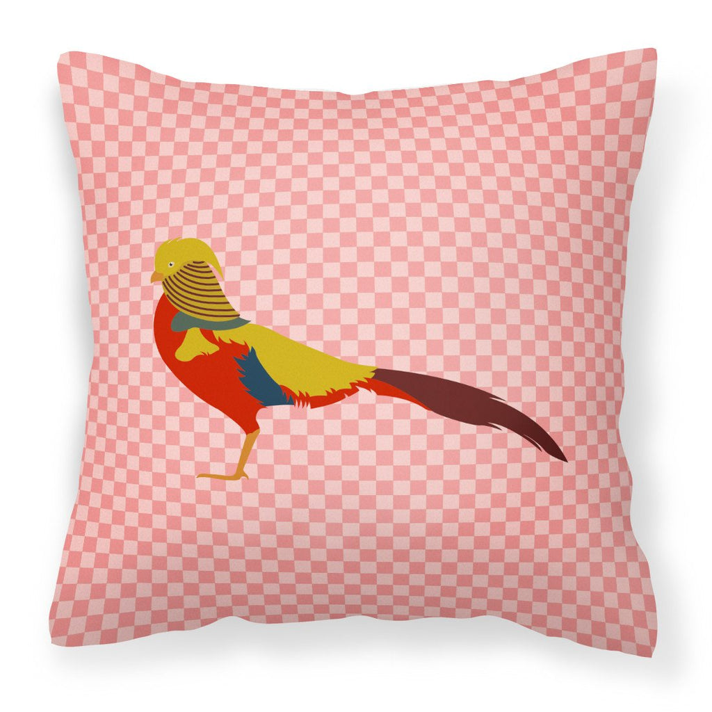 Golden or Chinese Pheasant Pink Check Decorative Throw Pillow 18x18 Indoor Outdoor Accent Cushion, Fabric Cover with Insert for Sofa, Bed, Porch & Living Room