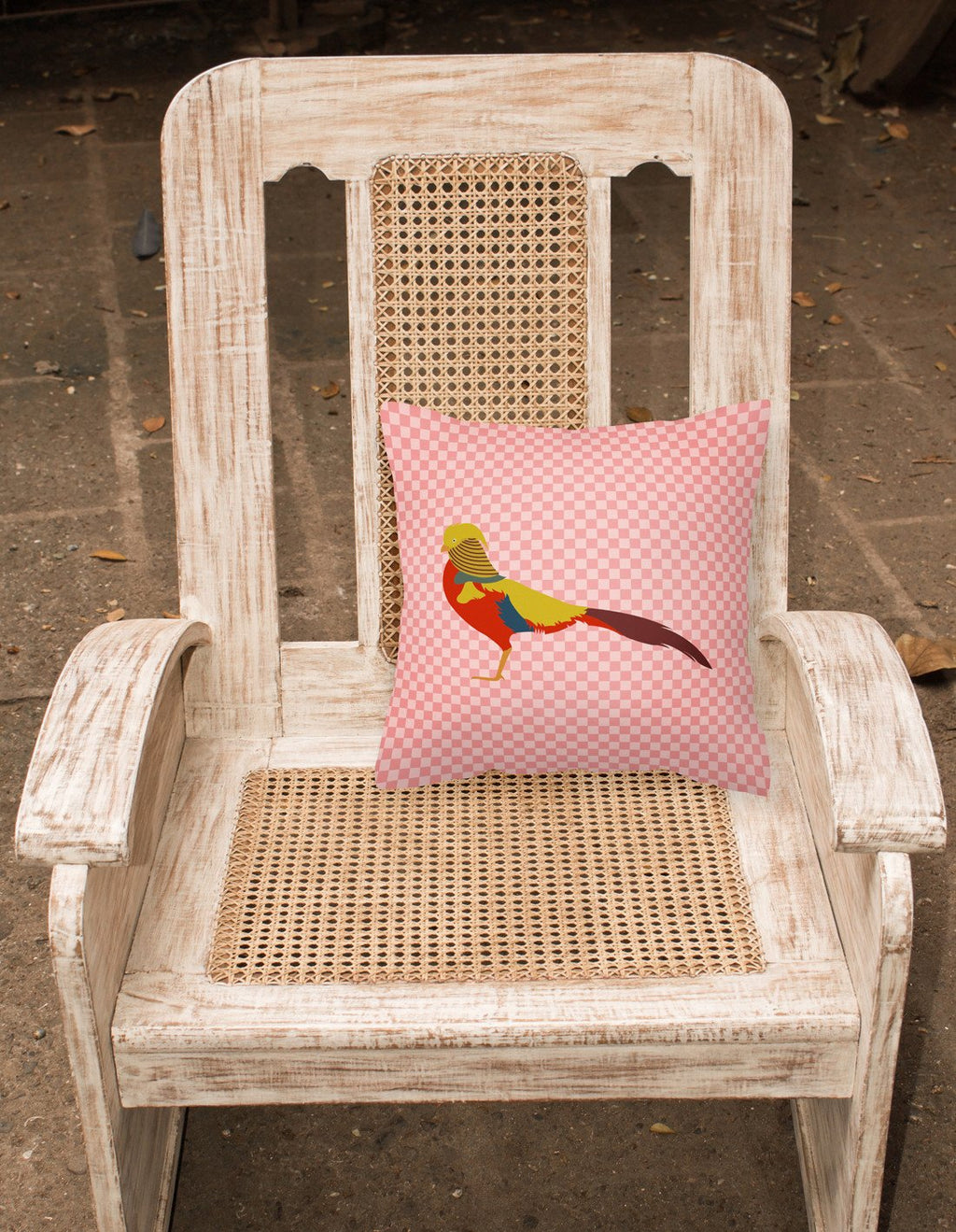 Golden or Chinese Pheasant Pink Check Decorative Throw Pillow 18x18 Indoor Outdoor Accent Cushion, Fabric Cover with Insert for Sofa, Bed, Porch & Living Room