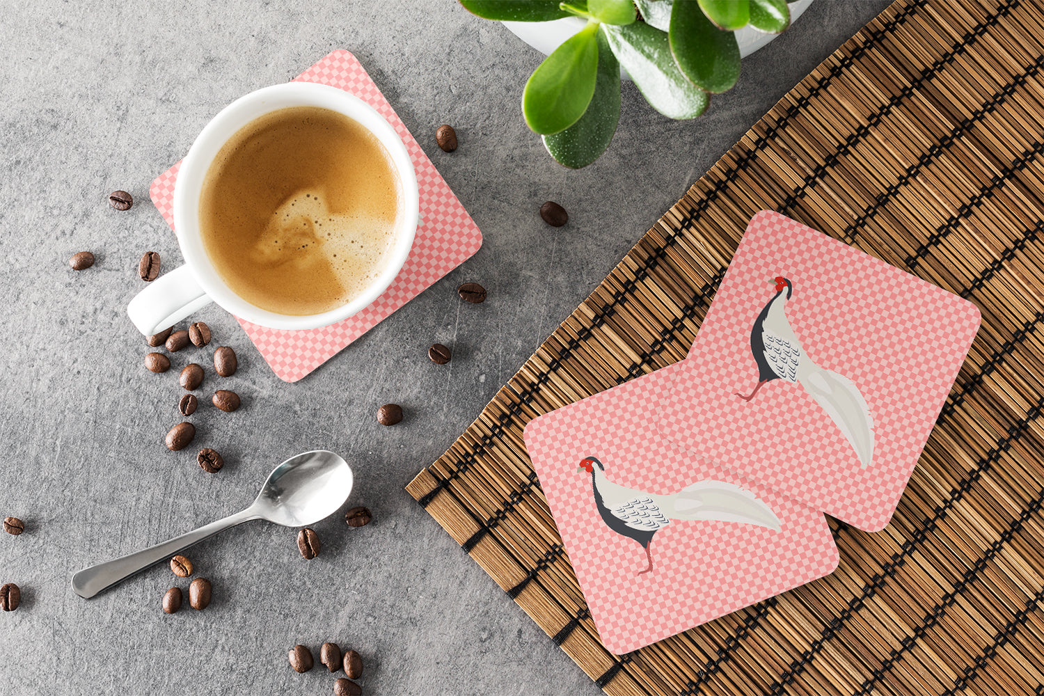 Silver Pheasant Pink Check Foam Coasters Set of 4 Cup Coasters for Indoor Outdoor, Tabletop Protection, Anti Slip, Mouse pad Material