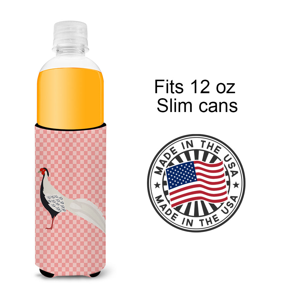 Silver Pheasant Pink Check Slim Can Hugger , Insulated Foam Hugger for 12 oz Slim Cans, Beer Bottles & Water Bottles, Printed in USA