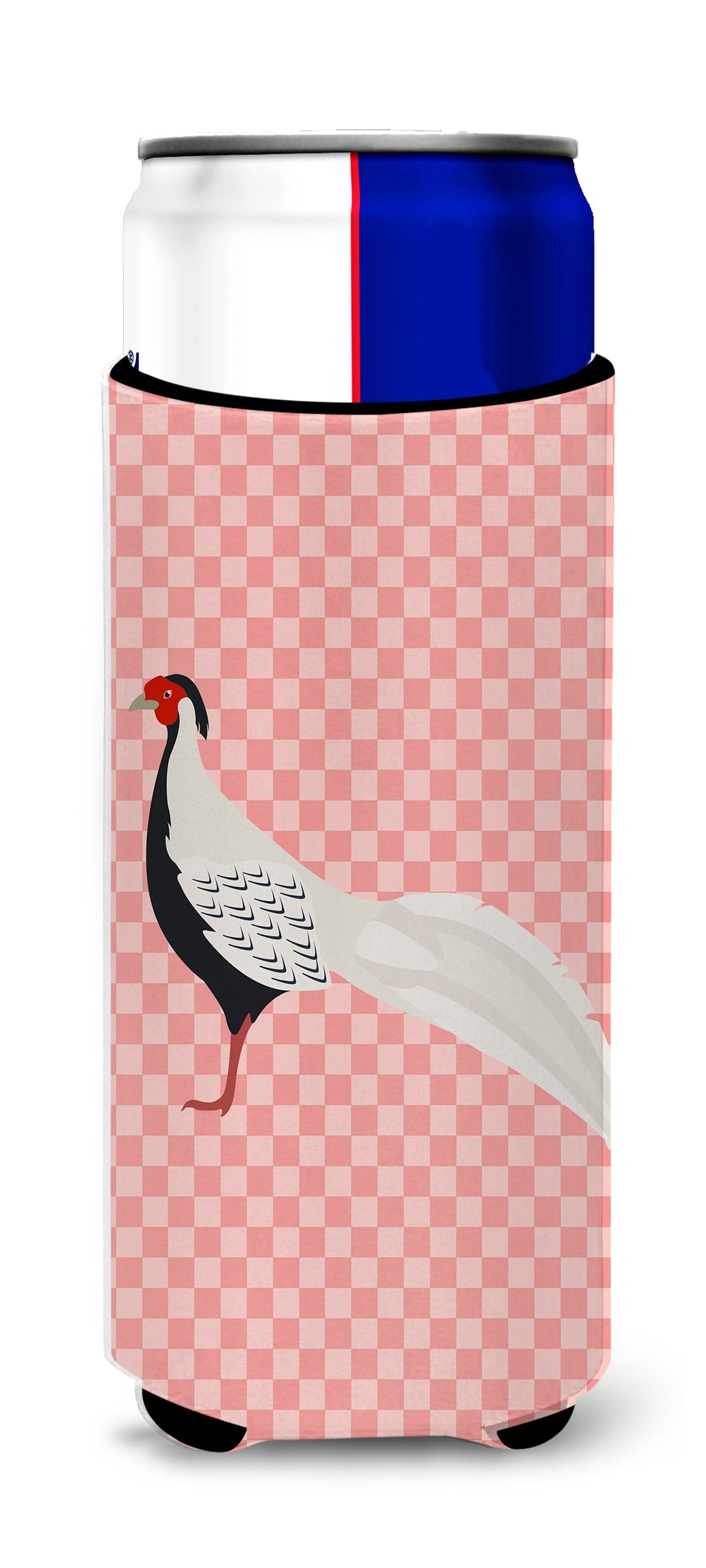 Silver Pheasant Pink Check Slim Can Hugger , Insulated Foam Hugger for 12 oz Slim Cans, Beer Bottles & Water Bottles, Printed in USA